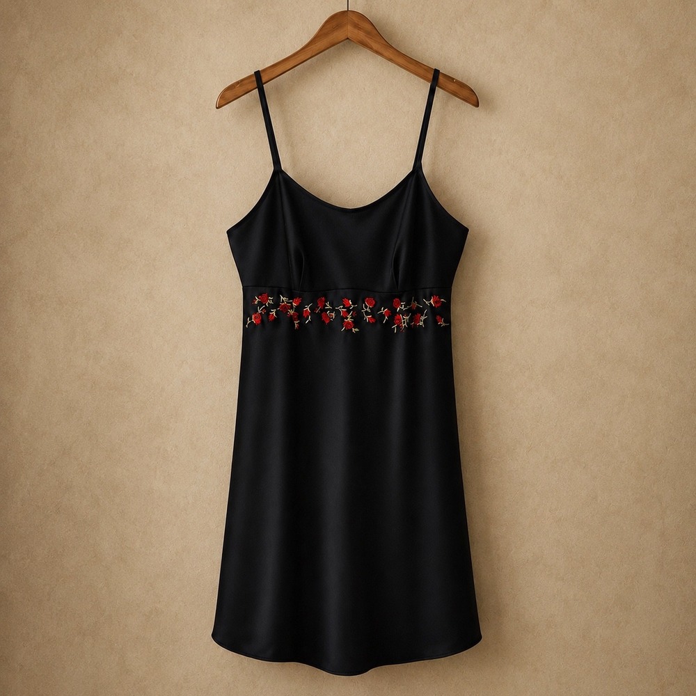 Vintage Y2K Delicates Black Satin Slip Dress Red Rose Embroidered Size S